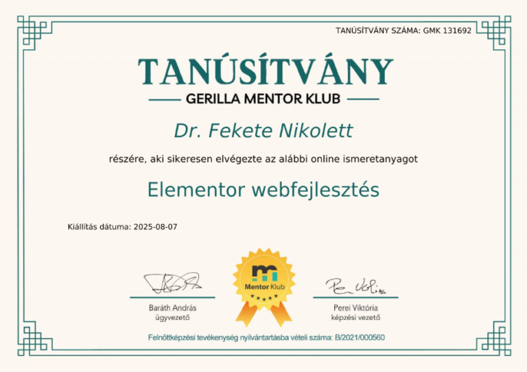 Elementor tanúsítvány